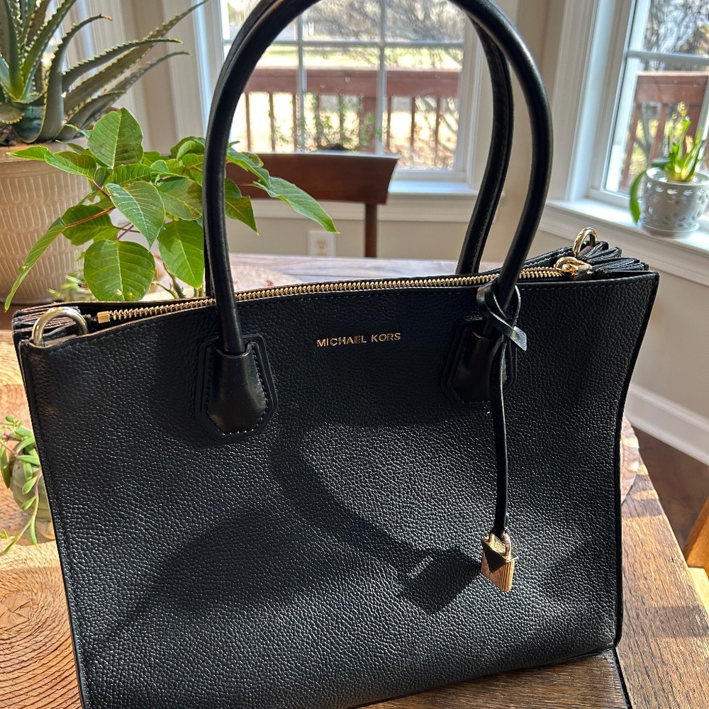 MICHAEL KORS MERCER LARGE BONDED BLACK LEATHER TOTE BAG